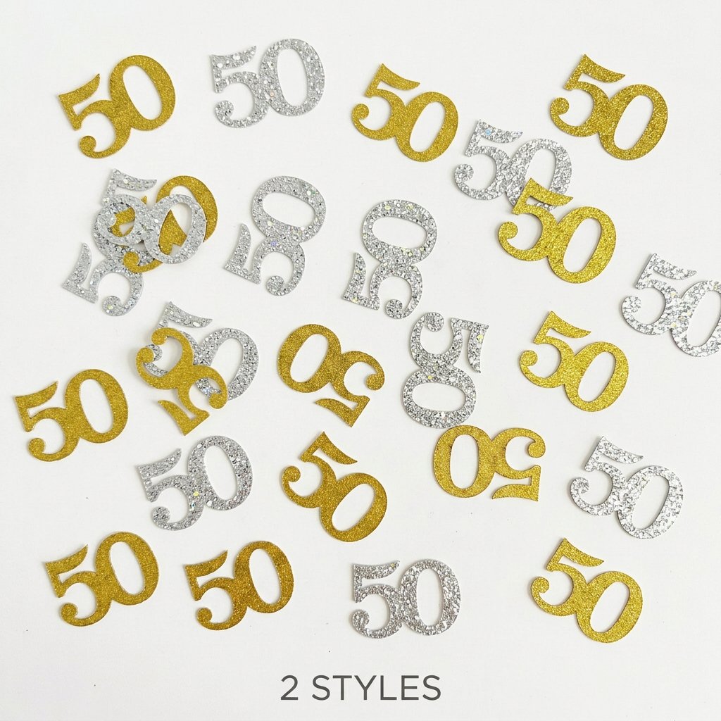 Table Number Gold - 120 ชิ้น กระดาษตกแต่งงานวันเกิดครบรอบ 50 ปี สีทองและสีเงิน