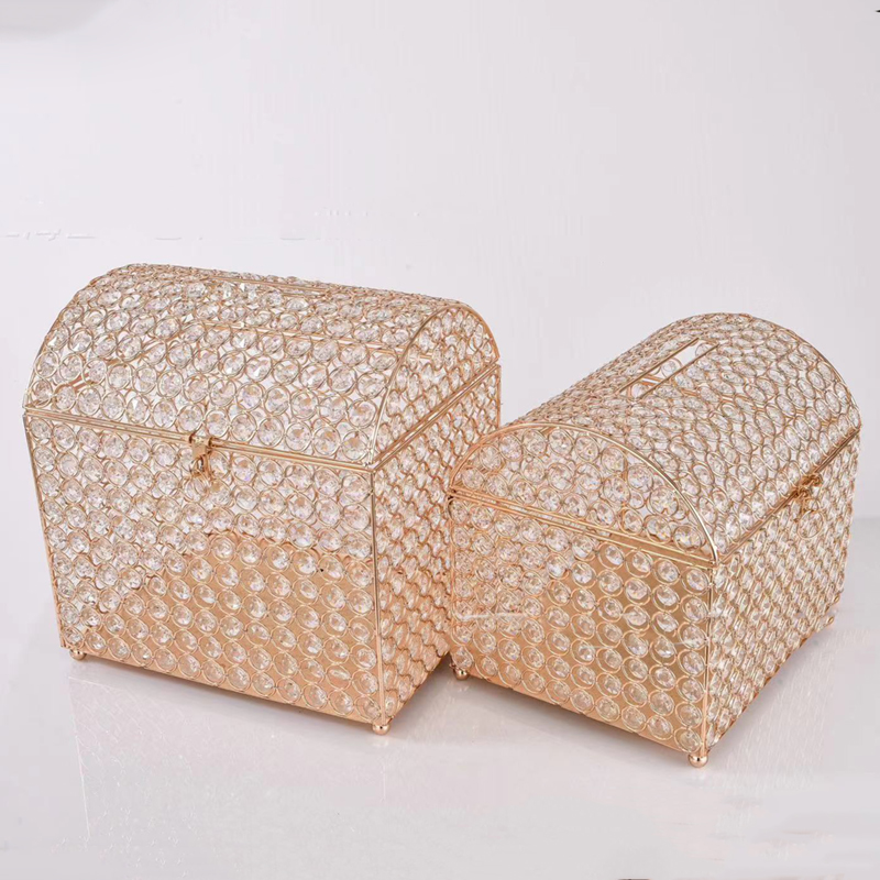 Wedding Card Box - กล่องใส่การ์ดแต่งงาน กล่องสมบัติคริสตัลสีทอง กล่องของขวัญใส่เงินประดับเพชรเทียม กล่องตกแต่งโต๊ะกลางงานเลี้ยงฉลองงานแต่งงาน